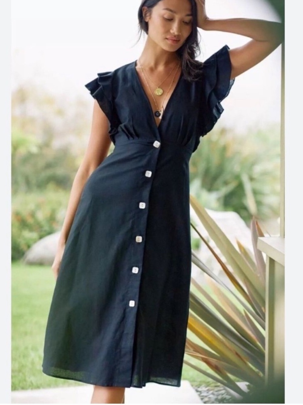 Anthropologie Charlie Holiday Ruffled Cover-Up Midi Dress in black size 6